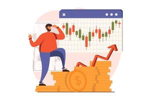 Stock market web concept in flat design. Businessman analyzing trends, global trading, invests money, creates success financial strategy and increases income. illustration with people scene vector