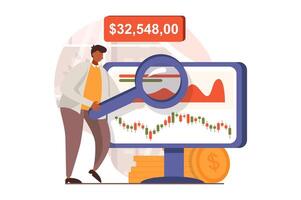 Stock market web concept in flat design. Man broker analyzing trends and researching market, creates strategy, accounting, invests money and increases profit. illustration with people scene vector