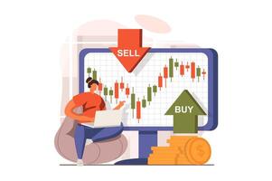 Stock market web concept in flat design. Businesswoman analyzing trends and charts, buys and sells stocks, forex trading, invests money and increases her income. illustration with people scene vector