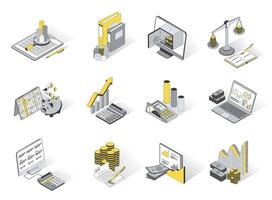 Finanzas y bancario 3d isométrica íconos colocar. paquete elementos de financiero datos análisis, contabilidad, presupuesto, ahorros a cerdito banco, dinero, monedas, crédito. ilustración en moderno isometria diseño vector