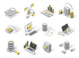 Big data analysis 3d isometric icons set. Pack elements of cloud computing and storage information, hardware, software, research statistics, upload files. illustration in modern isometry design vector