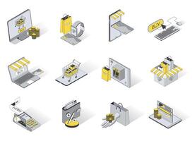 E-commerce 3d isometric icons set. Pack elements of selection and ordering of goods online in store or supermarket, payment by credit card, discounts. illustration in modern isometry design vector