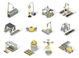 Agriculture robotisation 3d isometric icons set. Pack elements of smart farming equipment, robotic arms and machines for growing plants and harvesting. illustration in modern isometry design vector