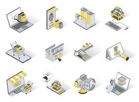 Online shopping 3d isometric icons set. Pack elements of purchases in bags, choose of goods, adding to cart, online payment, discount prices on website. illustration in modern isometry design vector