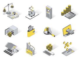 Banking and finance 3d isometric icons set. Pack elements of budget accounting, savings in piggy bank, ATM, keeping money in safe, financial statistics. illustration in modern isometry design vector