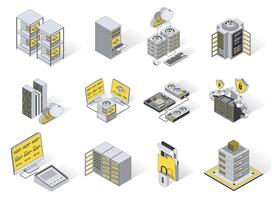 Data center 3d isometric icons set. Pack elements of server racks, cloud computing and storage, computer data processing and server network equipment. illustration in modern isometry design vector