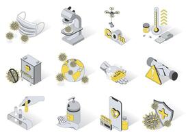 Coronavirus protection 3d isometric icons set. Pack elements of medical mask, virus on microscope, medicines, hospital, wash hands with soap, pandemic. illustration in modern isometry design vector