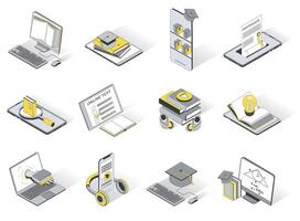 Online education 3d isometric icons set. Pack elements of reading e-books, online library, distance learning, testing, listening to lectures, graduation. illustration in modern isometry design vector