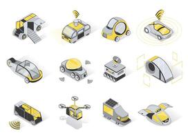 Autonomous vehicles 3d isometric icons set. Pack elements of driverless car, bus and truck, flying drone, taxi service, smart transport of different type. illustration in modern isometry design vector