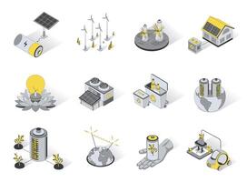 ecológico energía 3d isométrica íconos colocar. paquete elementos de solar paneles, molinos de viento, verde energía, eco amigable, residuos clasificación y reciclaje, eléctrico coche. ilustración en moderno isometria diseño vector