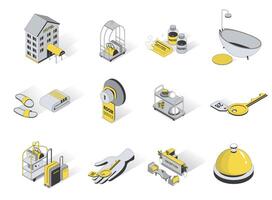 Hotel service 3d isometric icons set. Pack elements of room reservation, luggage, soap, shampoo, towel, slippers, lunch at restaurant, lobby reception. illustration in modern isometry design vector