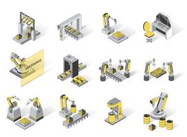 Robotization industry 3d isometric icons set. Pack elements of production conveyor lines at smart industry with robotic arms and automatic machines. illustration in modern isometry design vector