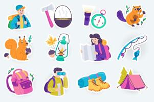 cámping linda pegatinas conjunto en plano dibujos animados diseño. haz de hombre y mujer con mapa, mochila, carpa, hacha, jugador de bolos, Linterna, Brújula y otros. ilustración para planificador o organizador modelo vector