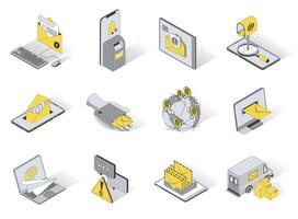 Email service 3d isometric icons set. Pack elements of writing letter, sending and receiving envelopes, online correspondence, feedback, mail delivery. illustration in modern isometry design vector