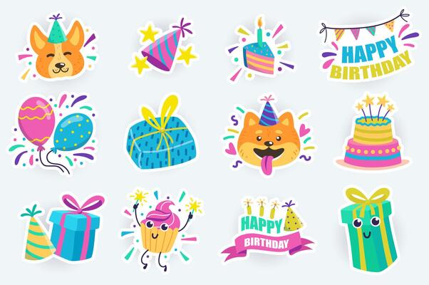 Birthday party cute stickers set in flat cartoon design. Bundle of holiday cake, gifts, funny dogs in festive hats, balloons, garlands and others. illustration for planner or organizer template