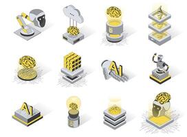 Artificial intelligence 3d isometric icons set. Pack elements of machine learning, smart robots, cloud technology, AI programming, circuits and chips. illustration in modern isometry design vector