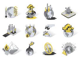 Global warming and pollution 3d isometric icons set. Pack elements of climate change on planet, emissions, volcano explosions, forest fires, oil industry. illustration in modern isometry design vector