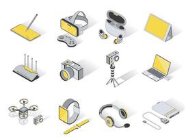 Devices and gadgets 3d isometric icons set. Pack elements of graphic tablet, VR headset and joystick, wireless headsets, wifi router, camera, laptop. illustration in modern isometry design vector