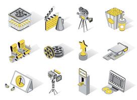 Movie production 3d isometric icons set. Pack elements of cinema, camera, clapperboard, megaphone, film reels, awards, tickets, popcorn and drinks. illustration in modern isometry design vector