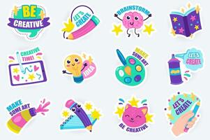 Be creative cute stickers set in flat cartoon design. Bundle of brainstorming, book reading, inspiration, idea generation, art creation and other. illustration for planner or organizer template vector