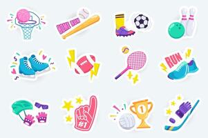 Sports cute stickers set in flat cartoon design. Bundle of basketball, baseball, football, bowling, skating, tennis, running, cycling and other. illustration for planner or organizer template vector