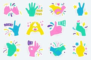 Hands gesture cute stickers set in flat cartoon design. Bundle of high five, holding hands, victory, rock, love, like, okey, applause and other. illustration for planner or organizer template vector