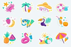 Summer cute stickers set in flat cartoon design. Bundle of crab, palms, ice cream, sunglasses, hat, lifebuoy, fruits, diving equipment and other. illustration for planner or organizer template vector