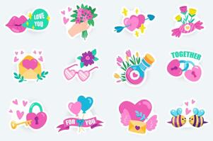 Love and romantic cute stickers set in flat cartoon design. Bundle of kissing lips, flower bouquet, hearts, love letter, pink glasses and other. illustration for planner or organizer template vector