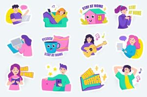 Stay at home cute stickers set in flat cartoon design. Bundle of work and rest at home, listen to music, play guitar, chat, read books and other. illustration for planner or organizer template vector