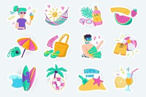 Summer time cute stickers set in flat cartoon design. Bundle of woman with ice cream, hammock, watermelon, umbrella, surfing, diving and other. illustration for planner or organizer template vector
