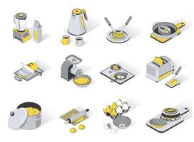 cocina utensilios 3d isométrica íconos colocar. paquete elementos de licuadora, tetera y tazas, comida en lámina, carne amoladora, tostadora, cacerola, un pan en tablero. ilustración en moderno isometria diseño vector