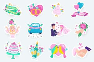 Wedding cute stickers set in flat cartoon design. Bundle of marriage, heart, ring, dress, bride and groom, balloon, bouquet, car, love and other. illustration for planner or organizer template vector