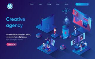 Creative agency concept 3d isometric web landing page. People work on project, analyze consumer, develop idea, create graphic content, advertise, promote. illustration for web template design vector