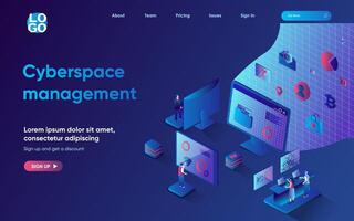 Cyberspace management concept 3d isometric web landing page. People upload and transfer files, manage, store and share information using cloud technologies. illustration for web template design vector