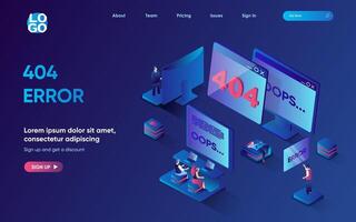 404 error concept 3d isometric web landing page. People working in tech support and solving problems and disconnect of internet page at computer screens. illustration for web template design vector