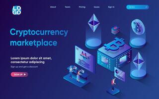 Cryptocurrency marketplace concept 3d isometric web landing page. People make financial transactions, buy or sell bitcoins, invest money in crypto business. illustration for web template design vector