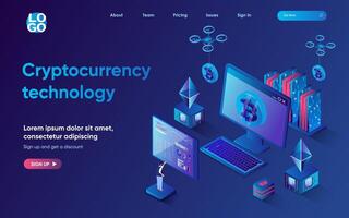 Cryptocurrency technology concept 3d isometric web landing page. People create mining farms, processing data, invest in crypto business and blockchain. illustration for web template design vector