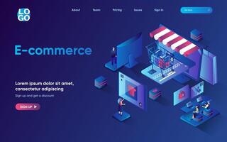 E-commerce concept 3d isometric web landing page. People make purchases, choose good on website of store, pay online with credit card, use delivery service. illustration for web template design vector