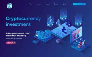 Cryptocurrency investment concept 3d isometric web landing page. People buy bitcoins, litecoins and other digital money, make transactions, increase income. illustration for web template design vector