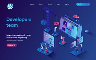 Developers team concept 3d isometric web landing page. People develop programs and applications, optimize interfaces, analyze market and launch products. illustration for web template design vector