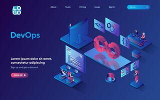 DevOps concept 3d isometric web landing page. People working in team, programmers interact with tech support engineers, development operation. illustration for web template design vector