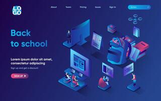 Back to school concept 3d isometric web landing page. People study online and going at lessons in classroom at college, reading books and get education. illustration for web template design vector