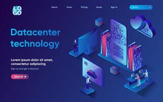 Datacenter technology concept 3d isometric web landing page. People analyze big data and work with cloud technologies, access and processing of statistics. illustration for web template design vector