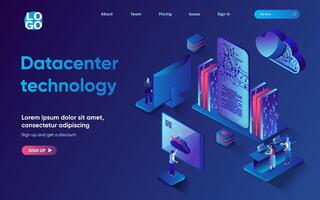 centro de datos tecnología concepto 3d isométrica web aterrizaje página. personas analizar grande datos y trabajo con nube tecnologías, acceso y Procesando de Estadísticas. ilustración para web modelo diseño vector