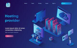 Hosting provider concept 3d isometric web landing page. People working with hardware and software of internet provider, network mainframe infrastructure. illustration for web template design vector