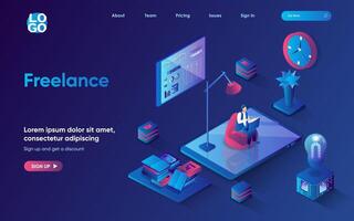 Freelance concept 3d isometric web landing page. People work on laptop remotely, perform work tasks online, analyze data and generate ideas in home office. illustration for web template design vector