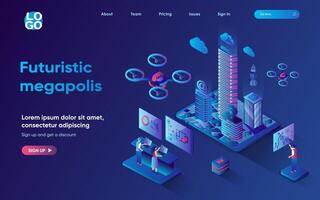 Futuristic megapolis concept 3d isometric web landing page. People monitor indicators and control hi-tech technologies and infrastructure in smart city. illustration for web template design vector