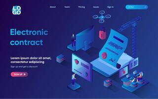 Electronic contract concept 3d isometric web landing page. People make business deals and banking transactions using electronic signature technology. illustration for web template design vector