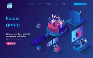 Focus group concept 3d isometric web landing page. People doing consumer and market research, analyze data, get customers feedback, meeting at conference. illustration for web template design vector