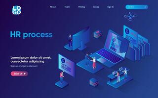 HR process concept 3d isometric web landing page. People search for candidates for open vacancies, look at resumes and choose best employee for company. illustration for web template design vector